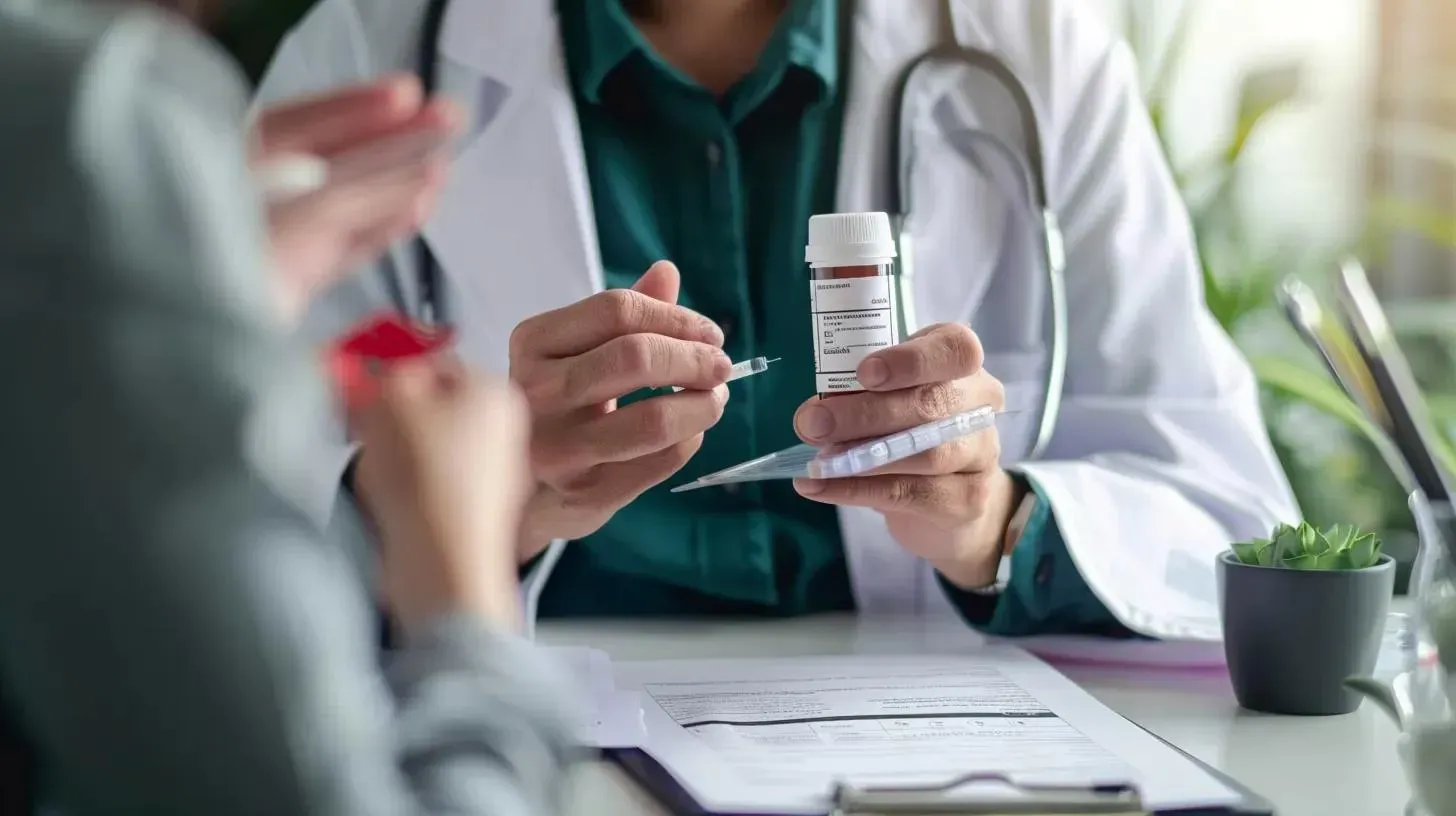 Healthcare professional discussing compounded GLP-1 medication with patient, holding medication bottle and syringe, with paperwork on table.