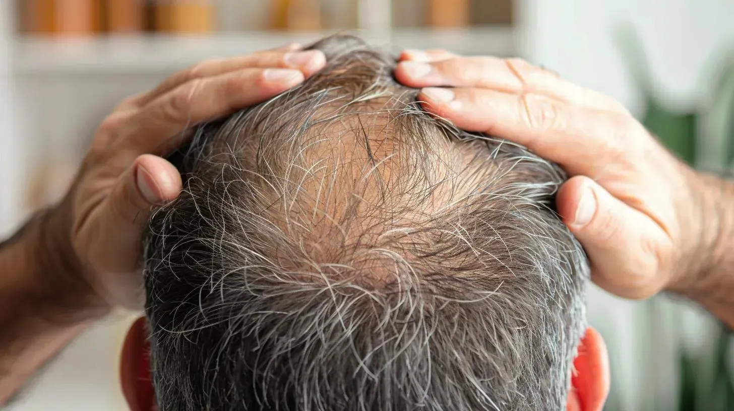 Person examining thinning hair and scalp, highlighting hair loss concerns related to GLP-1 weight-loss medications.