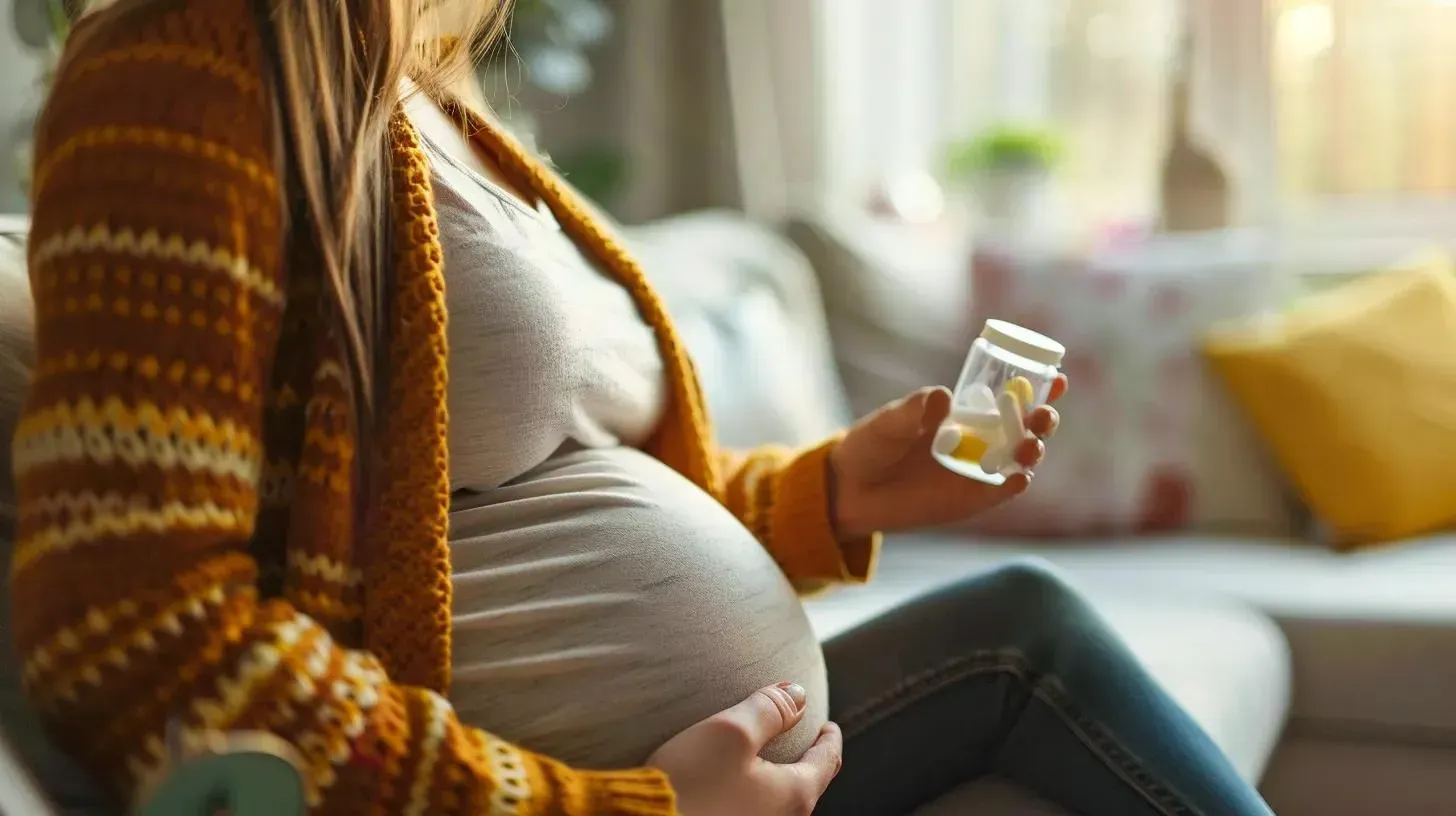 Pregnant woman holding a bottle of medication, contemplating safe practices for GLP-1 medications during pregnancy.