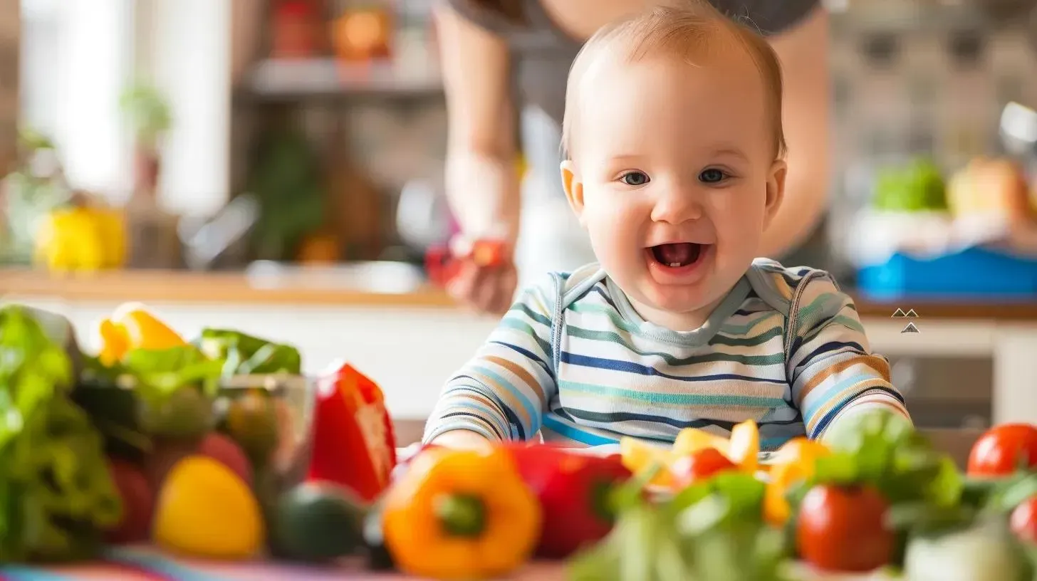 Smiling baby surrounded by colorful vegetables in a kitchen setting, emphasizing nutrition and healthy eating for families considering pregnancy while on GLP-1 medications.