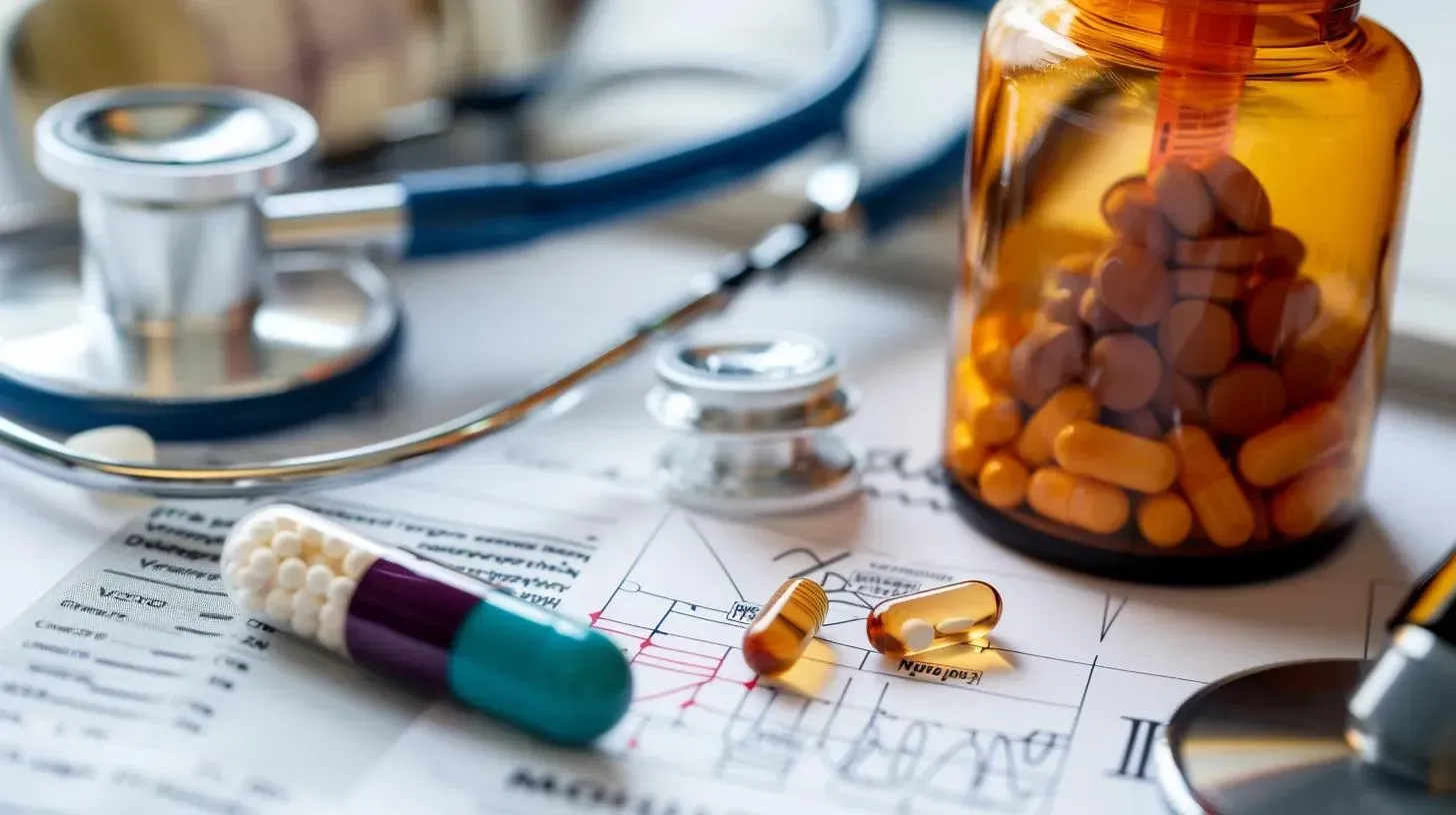 Stethoscope, prescription medications, and pill bottles on medical documents related to GLP-1 medications and thyroid cancer risks.