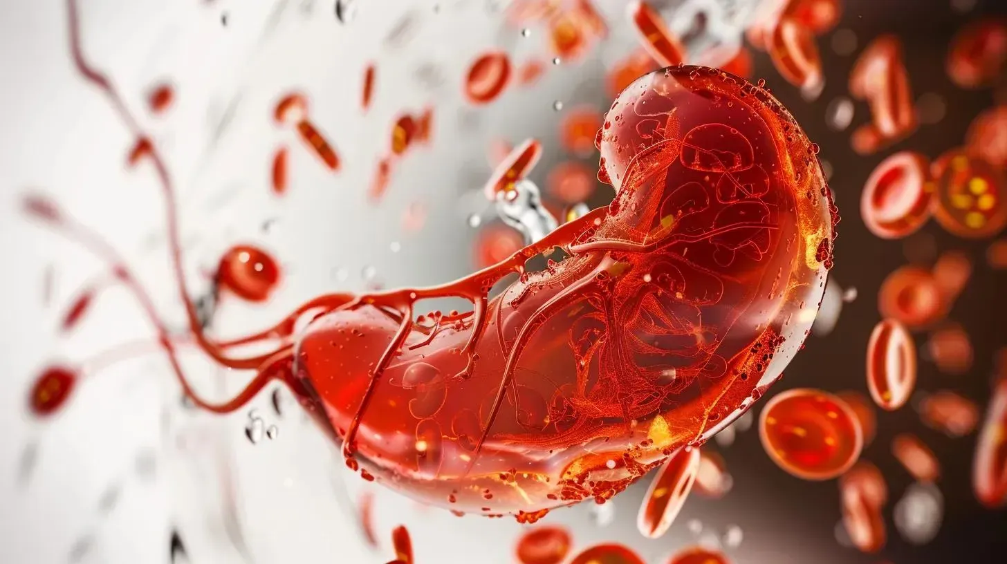 3D illustration of a human kidney with blood vessels and red blood cells, symbolizing gallbladder health and issues related to GLP-1 weight-loss medications.