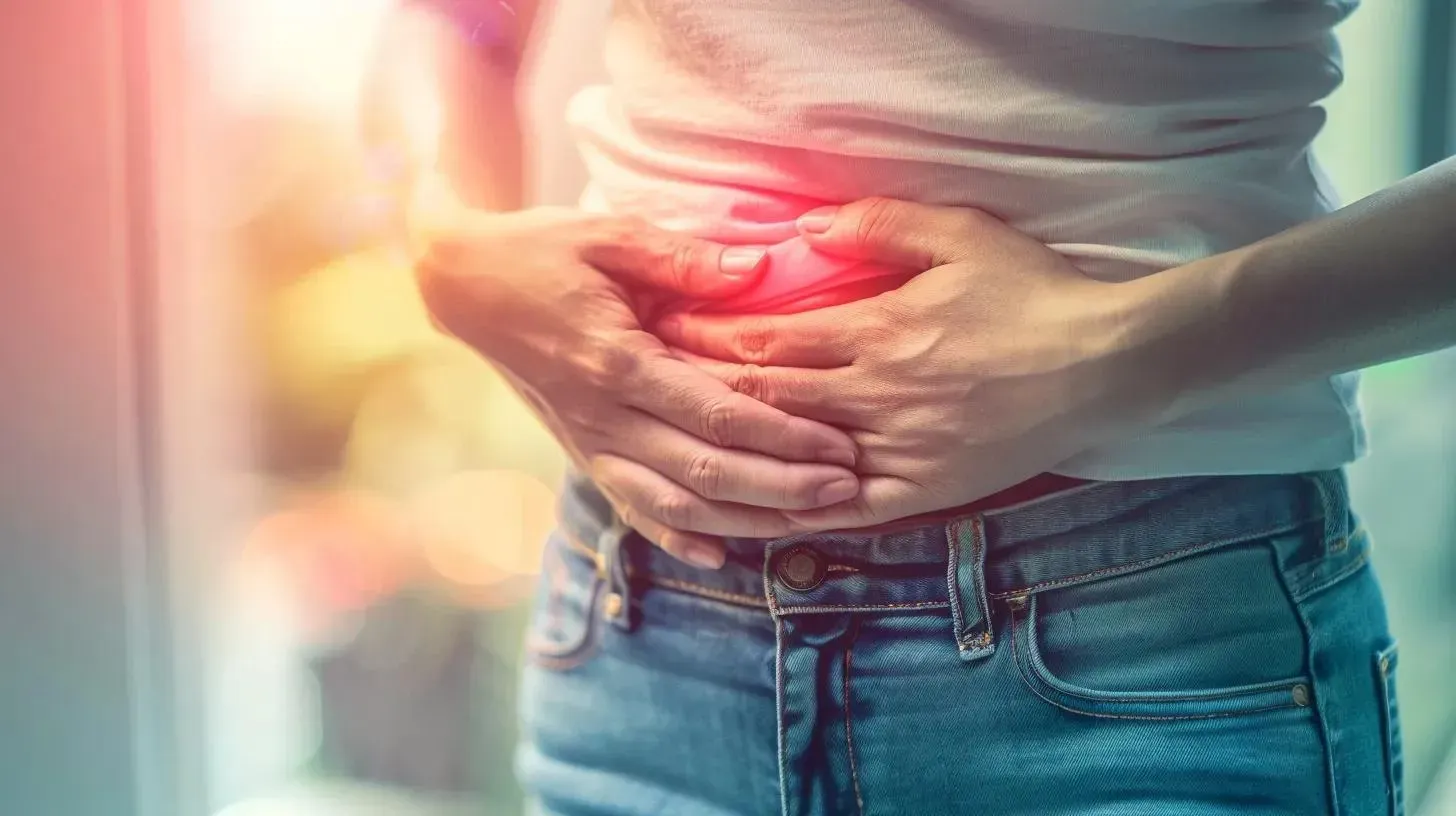 Person holding abdomen in pain, indicating potential gallbladder issues related to GLP-1 medications, emphasizing symptoms like persistent upper abdominal pain and the importance of seeking medical guidance.