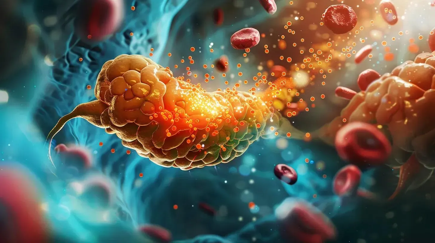 Inflamed pancreas depicted in a vibrant digital illustration, surrounded by red blood cells and molecular elements, highlighting the potential pancreatitis risk associated with GLP-1 weight-loss medications.