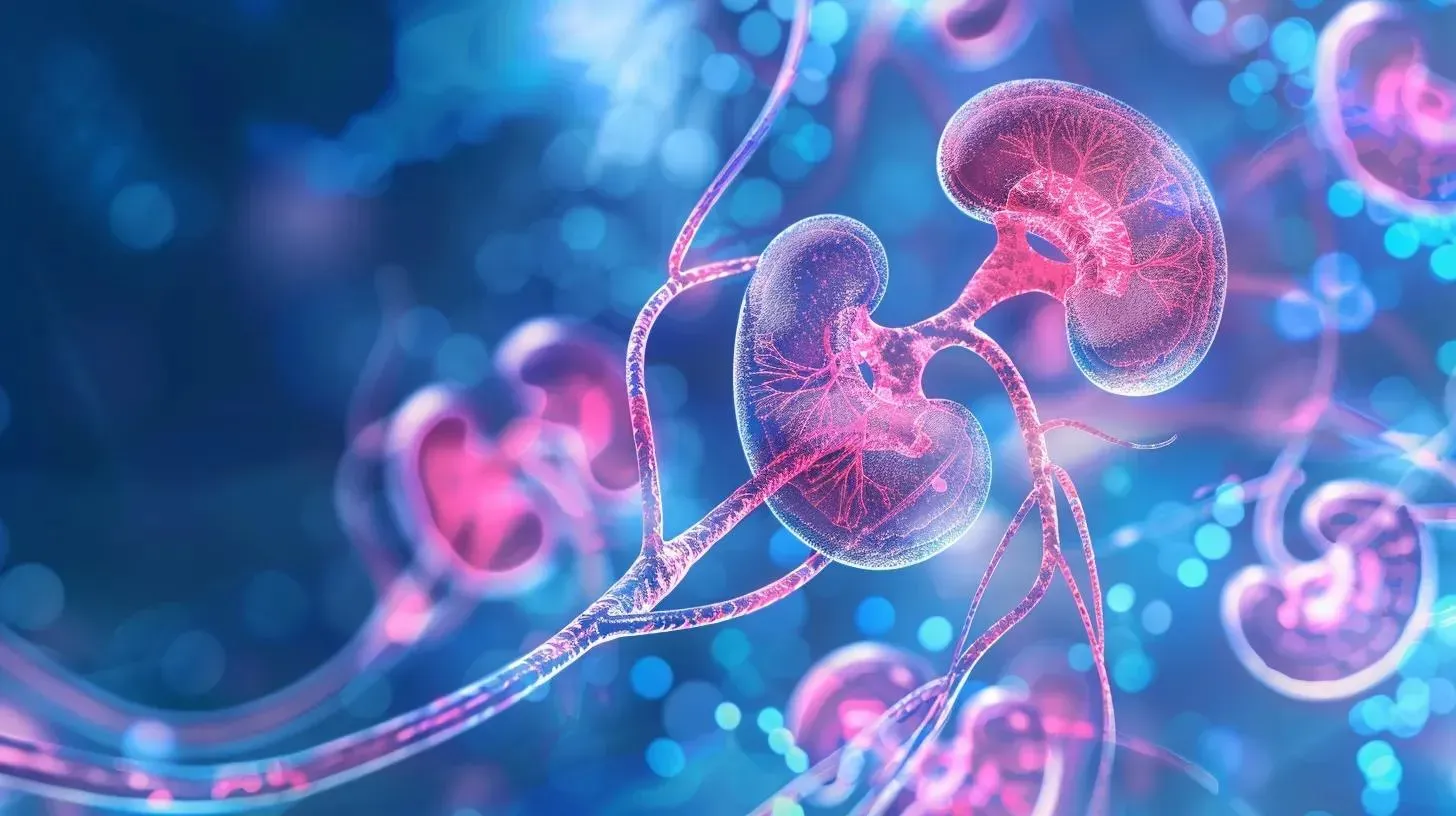 Illustration of human kidneys with glowing effects, emphasizing kidney health and hydration, relevant to dehydration risks associated with GLP-1 medications.