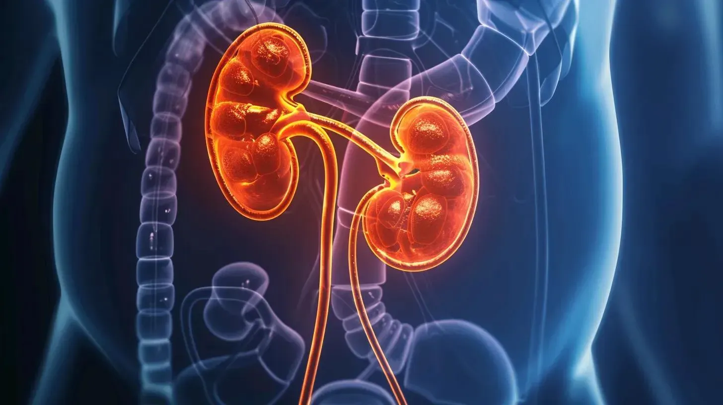 Illustration of human kidneys highlighted in orange, emphasizing their structure and function, relevant to dehydration risks and kidney health in GLP-1 medication context.