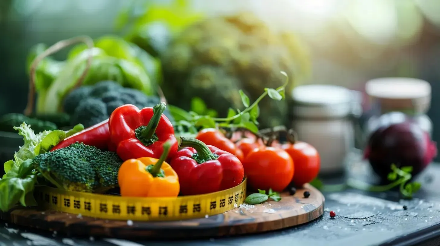 Colorful assortment of fresh vegetables including red and yellow bell peppers, tomatoes, and broccoli, arranged on a wooden cutting board with a measuring tape, symbolizing healthy eating and weight management.