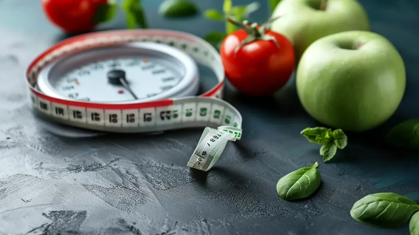 Measuring tape, scale, green apples, and tomatoes on a dark surface, symbolizing weight management and healthy eating in the context of GLP-1 medication discussions.