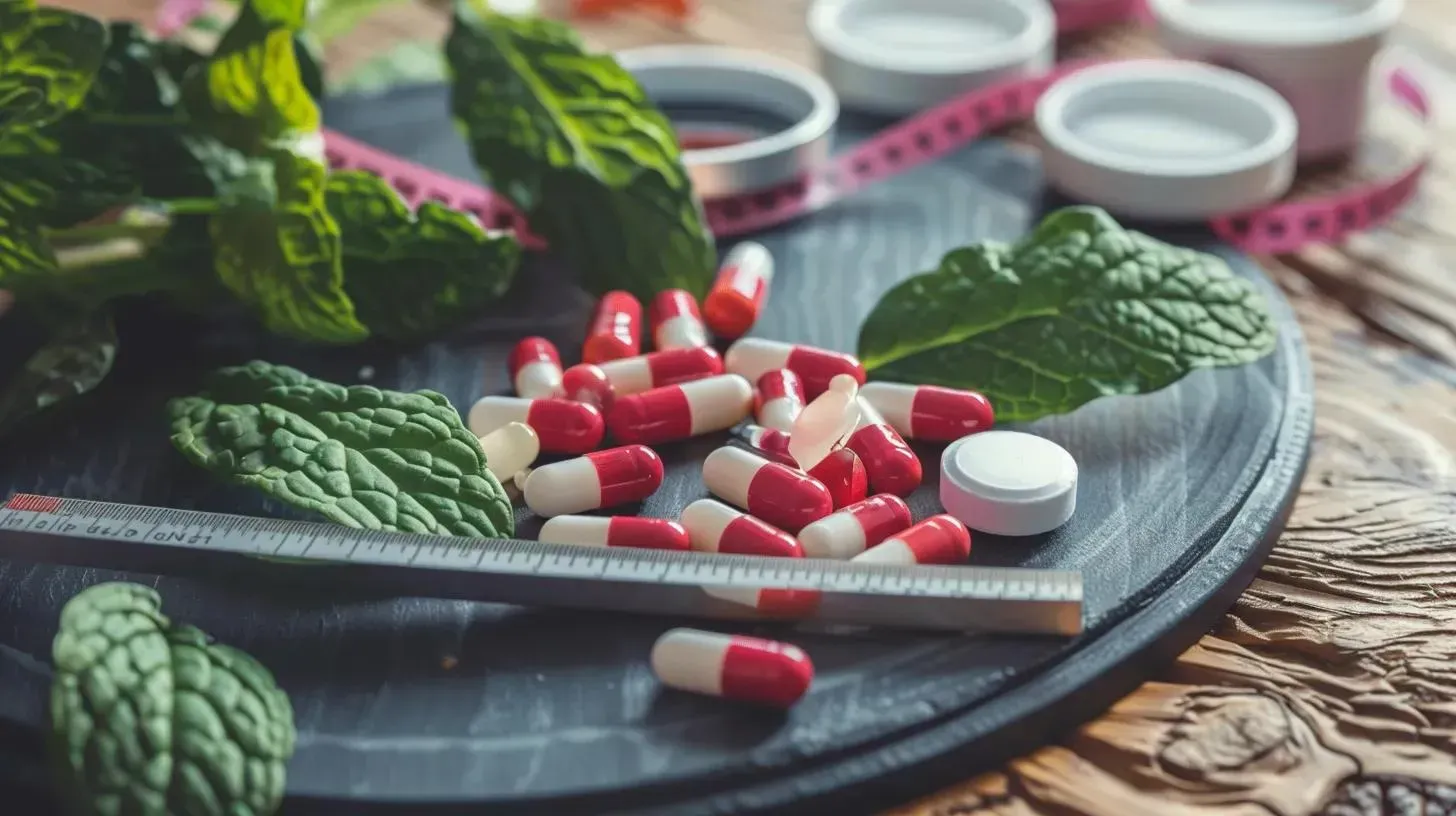 Assorted red and white capsules, round tablets, and fresh green leaves on a wooden surface, symbolizing dietary supplements and weight loss medications, relevant to GLP-1 weight loss discussions.