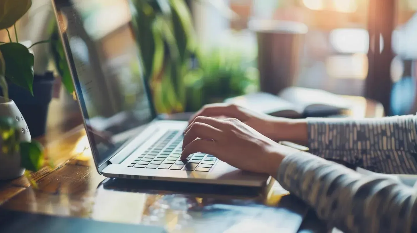 Person typing on a laptop in a cozy setting, surrounded by plants, illustrating remote work and online research on legitimate GLP-1 weight loss medications.