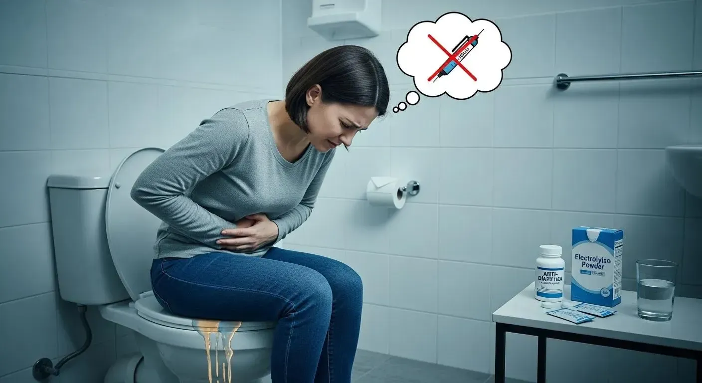 Woman sitting on toilet with abdominal pain, contemplating avoiding medication, alongside anti-diarrheal and electrolyte powder on nearby table, illustrating symptoms of diarrhea related to GLP-1 medications.