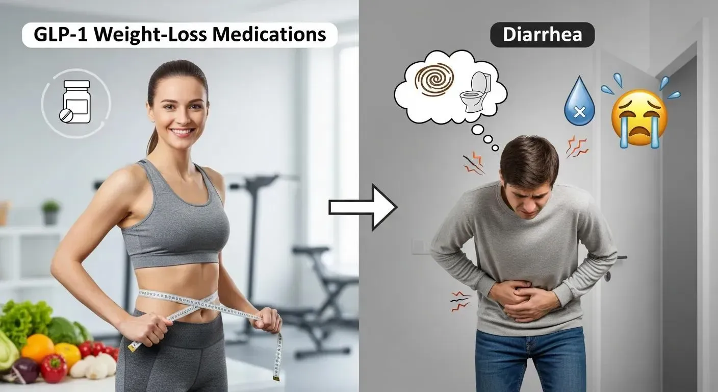 GLP-1 weight-loss medications illustrated by a smiling woman measuring her waist, transitioning to a man in discomfort, symbolizing diarrhea side effects.