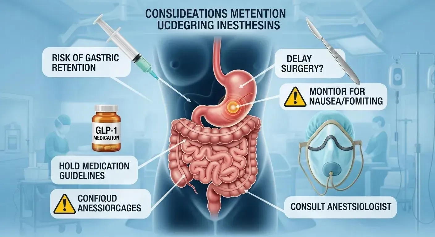 Illustration depicting considerations for GLP-1 medications before anesthesia, featuring a syringe, medication bottle, and anatomical diagram of the digestive system, highlighting risks of gastric retention, monitoring for nausea, and consulting an anesthesiologist.