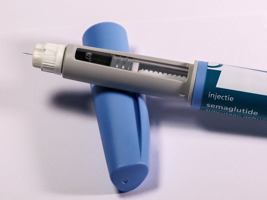 Injectable pen containing semaglutide for diabetes and weight management, positioned with its cap removed, illustrating medication delivery device relevant to Mounjaro and Zepbound discussion.