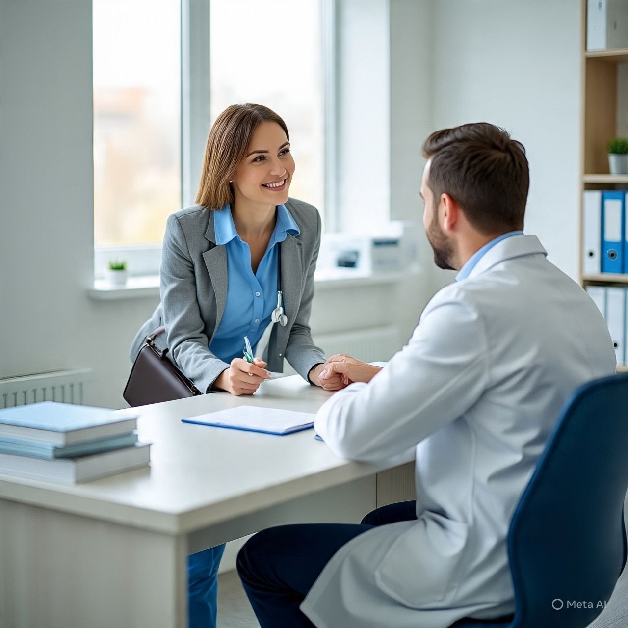 Una mujer con traje de negocios sonríe a un médico con bata blanca en un consultorio. Están sentados en un escritorio con papeles.