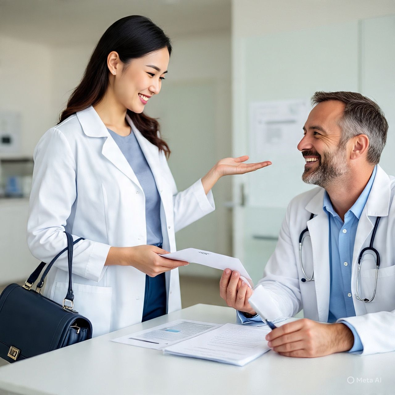 Un médico y una mujer en un consultorio, sonriendo. El médico lleva bata. La mujer sostiene un maletín.