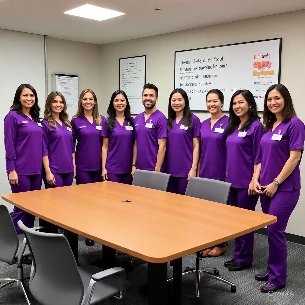 Una mujer sonríe mientras desayuna en una mesa con fruta, yogur y leche en la cocina. Lleva una camisa morada.