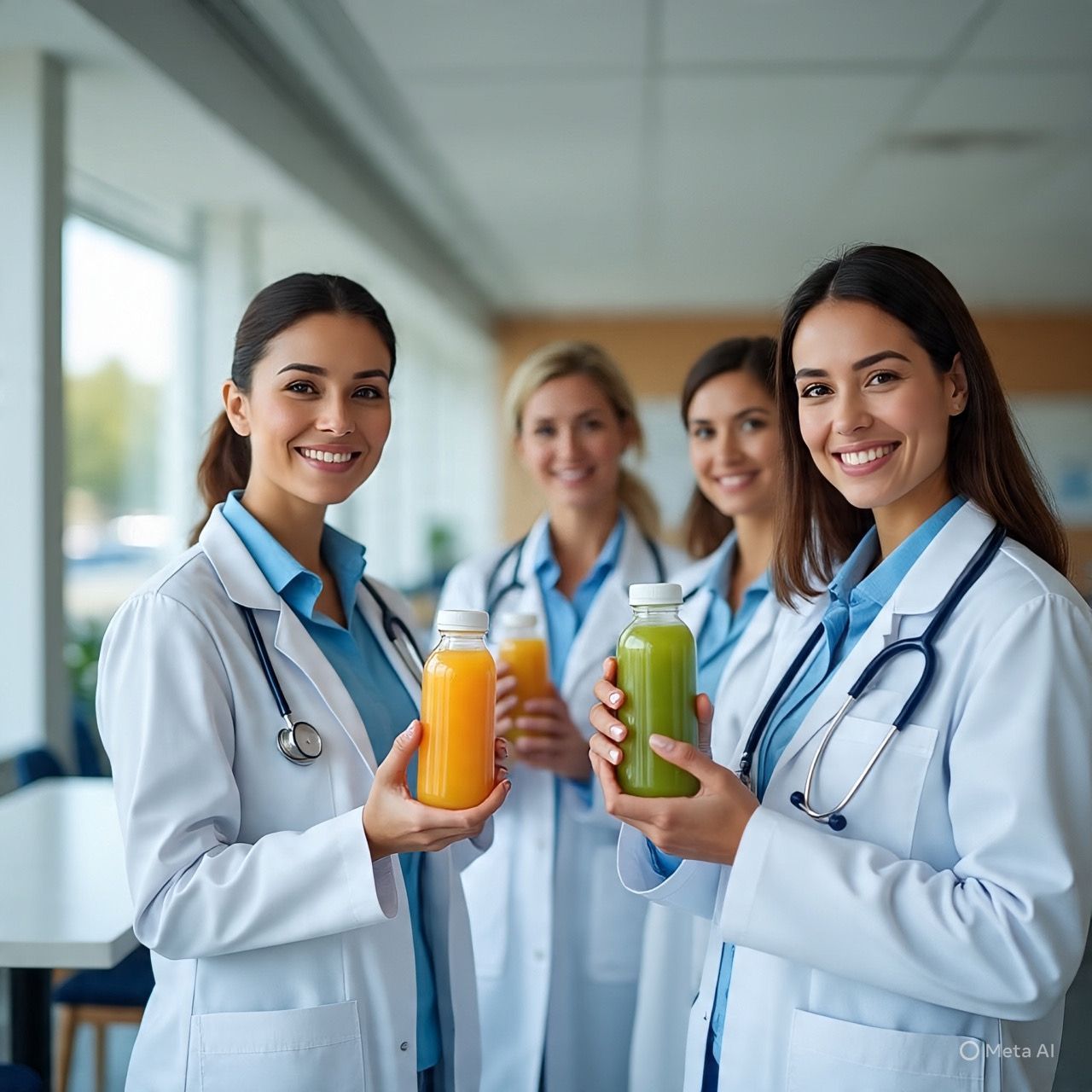 Una asistente dental sonriente y un dentista sonriente con batas blancas en un consultorio dental, sosteniendo un cepillo de dientes.