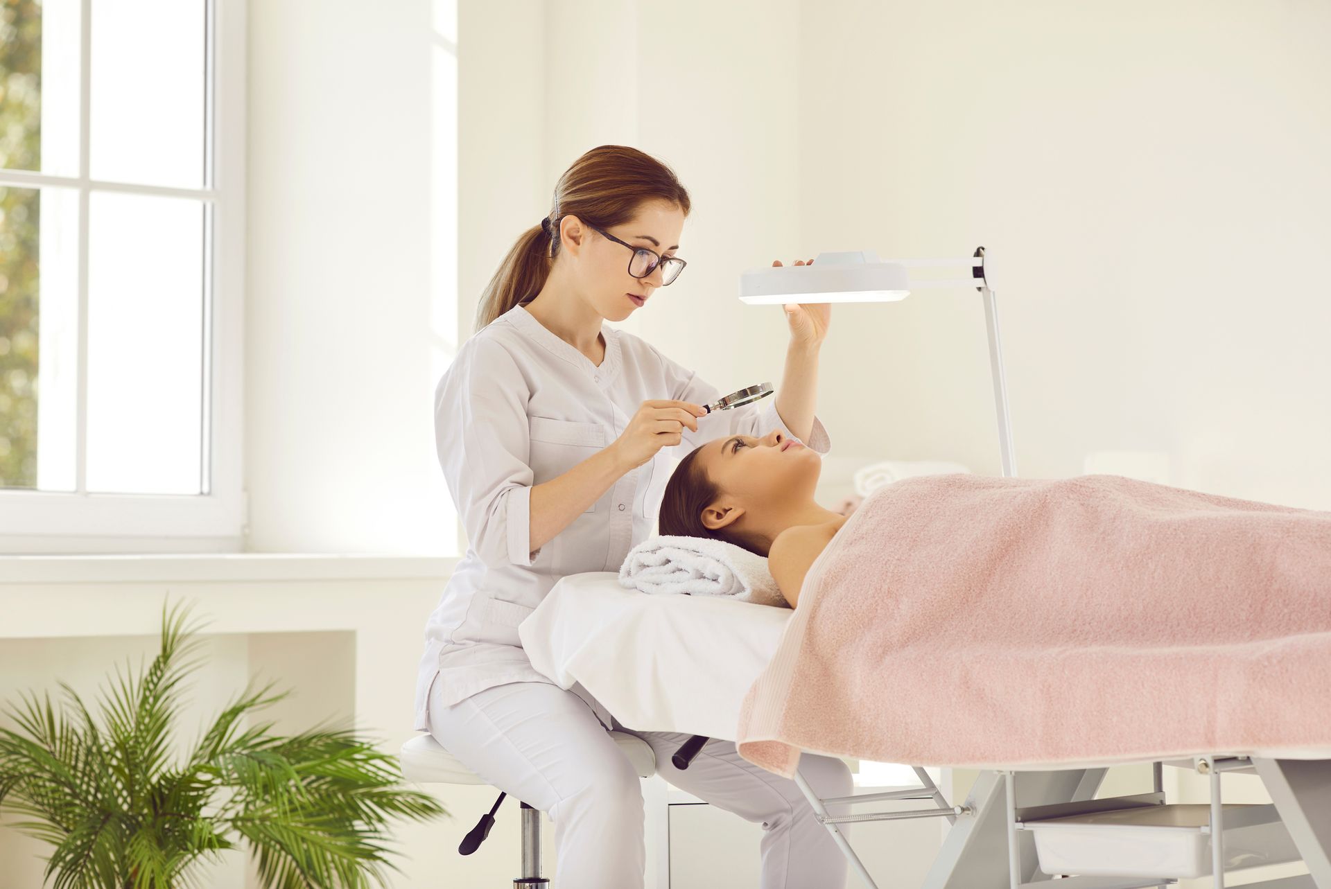 Aesthetician examining a client's face under a bright light in a spa setting.