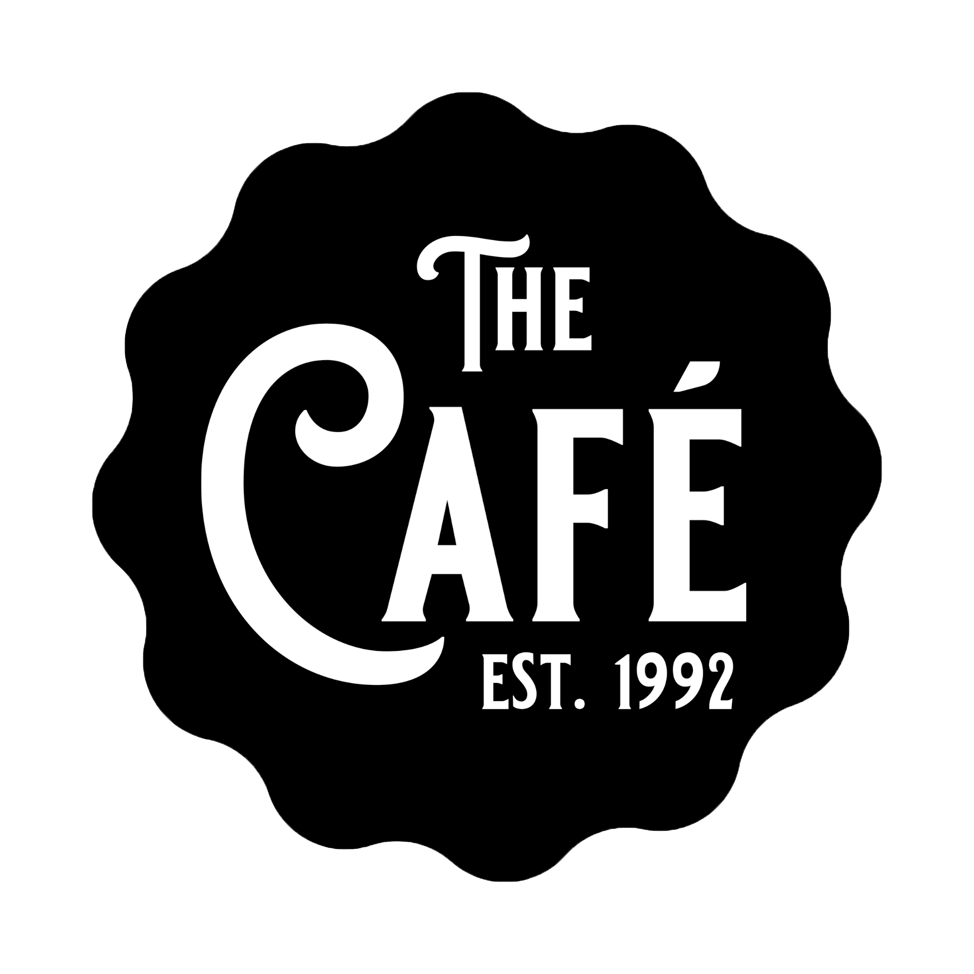 A black and white logo for the cafe est . 1992.