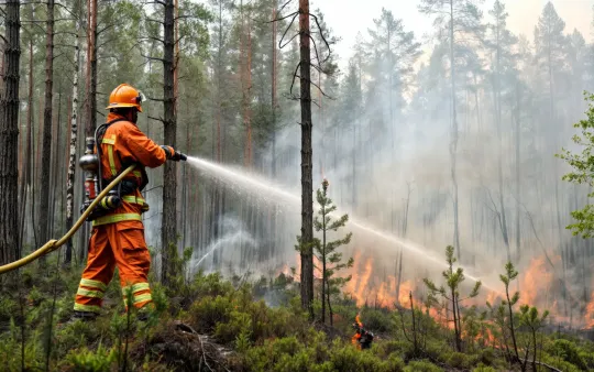 Firefighter in orange gear spraying water on a forest fire.