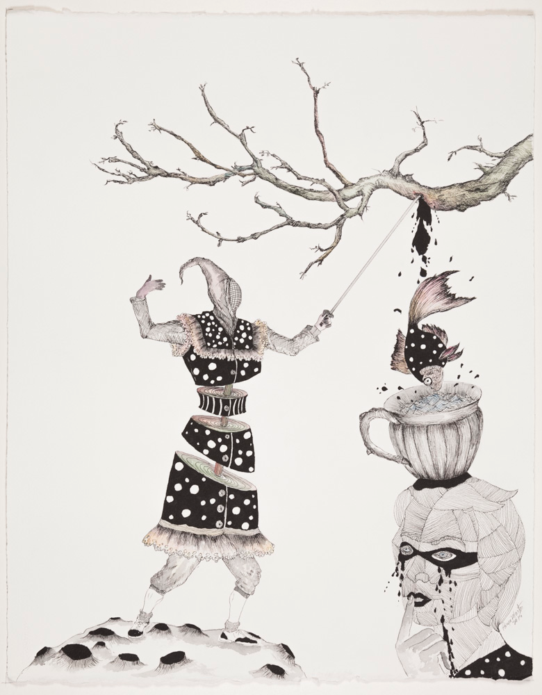 Une silhouette en costume à pois pointe un bâton vers une tasse de thé contenant du liquide, près d'un visage en pleurs.