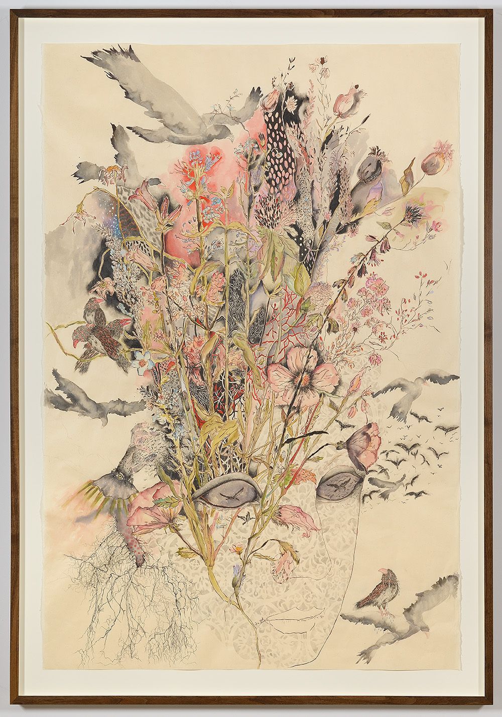 Aquarelle de fleurs et d'oiseaux dans une composition verticale encadrée ; les roses, les gris et les beiges en sourdine dominent.