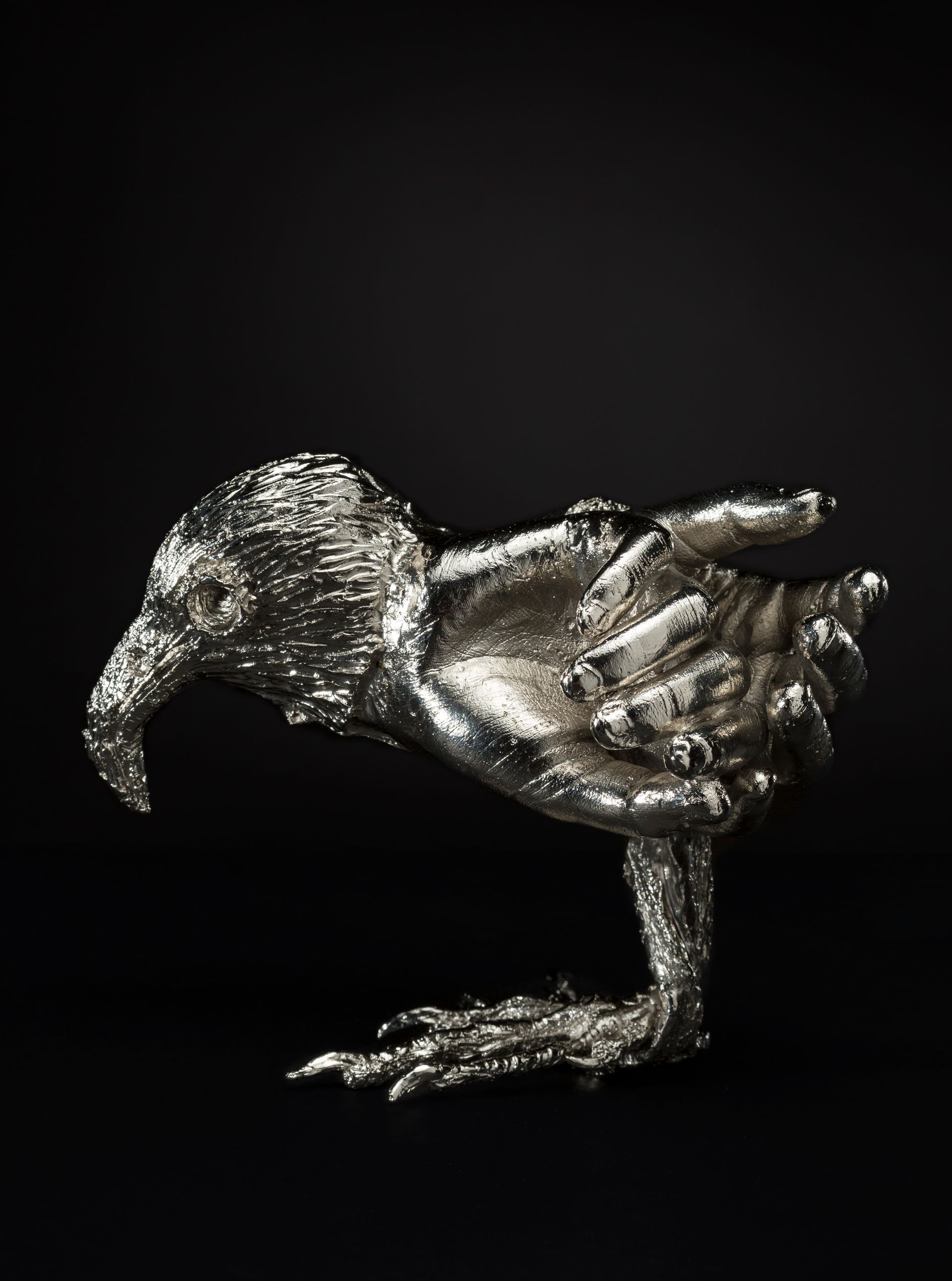 Sculpture en argent représentant un oiseau, accroupi, la tête baissée, sur un fond noir.