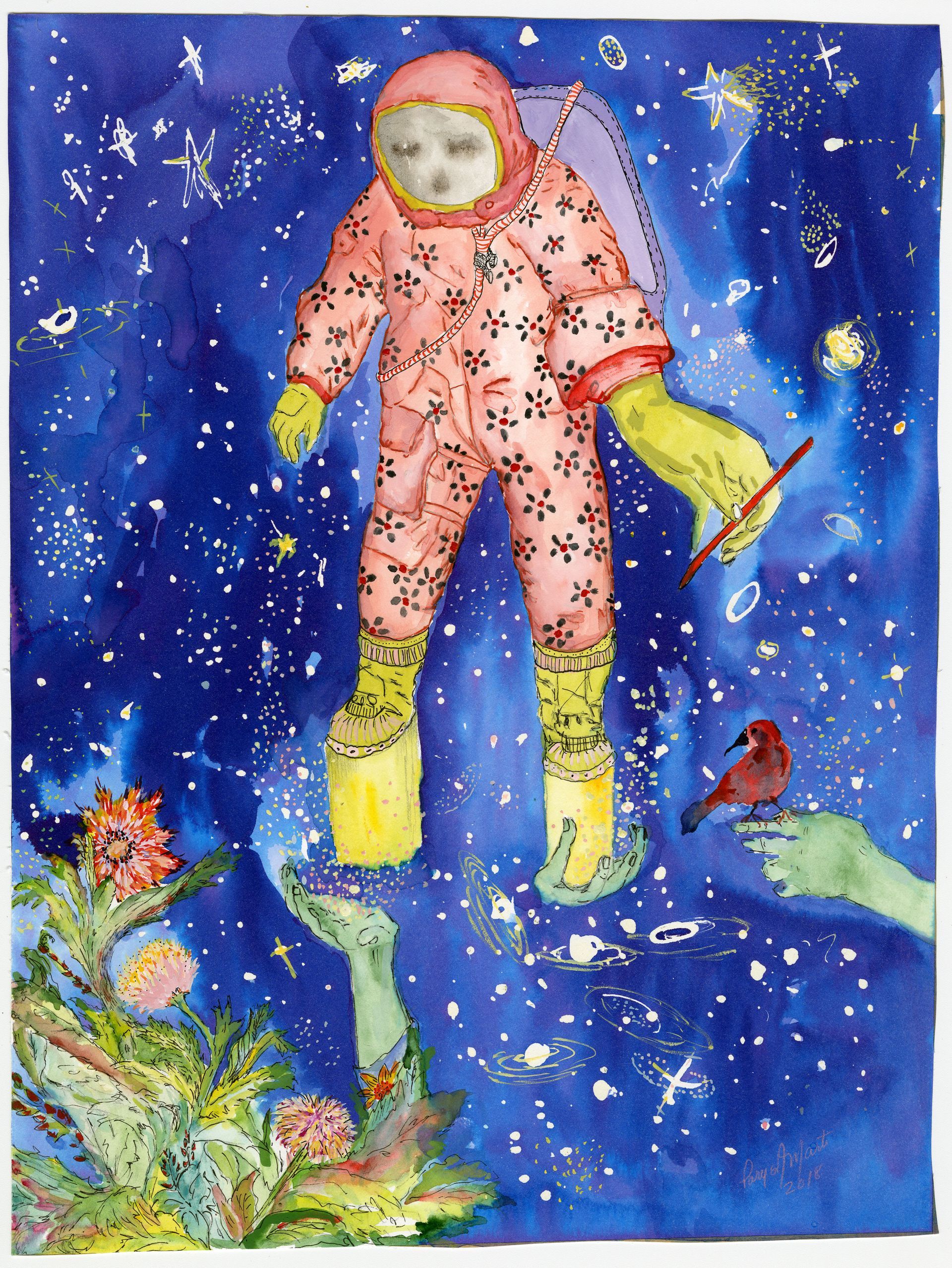 Un astronaute en combinaison rose flotte dans l'espace étoilé et peint. Ses mains vertes se lèvent, tenant des fleurs et un oiseau.