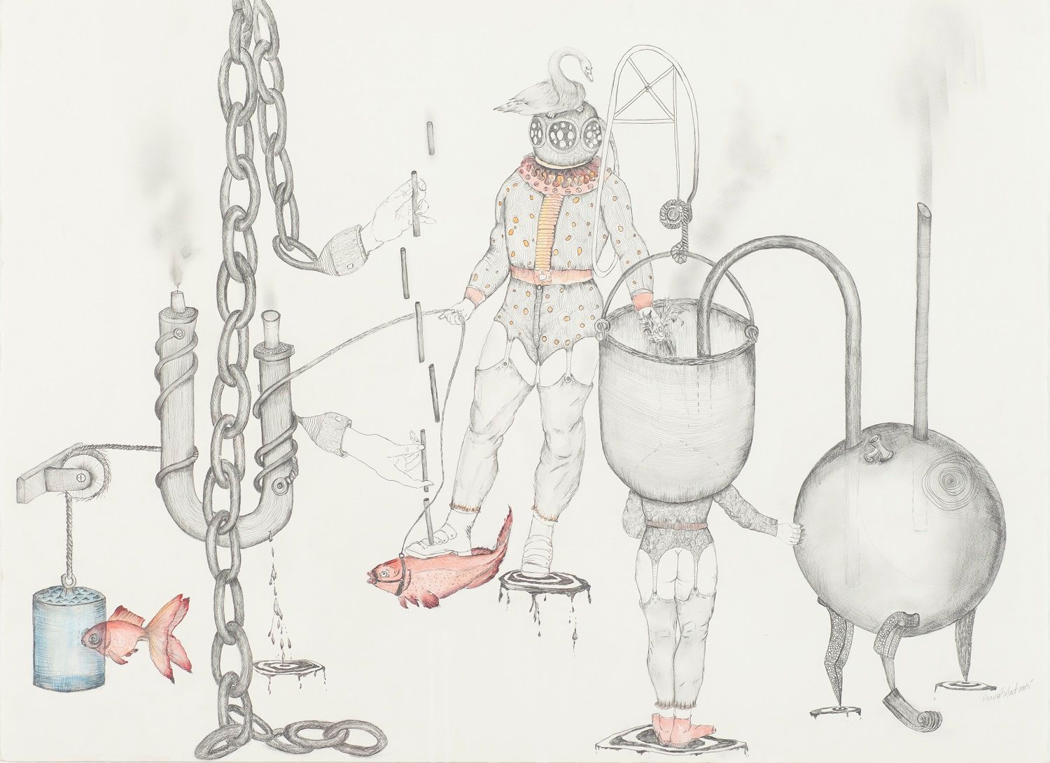Illustration surréaliste : une personne dans une tenue semblable à une combinaison spatiale au-dessus d'un poisson rose, reliée à des chaînes, des tuyaux et un pot fumant.