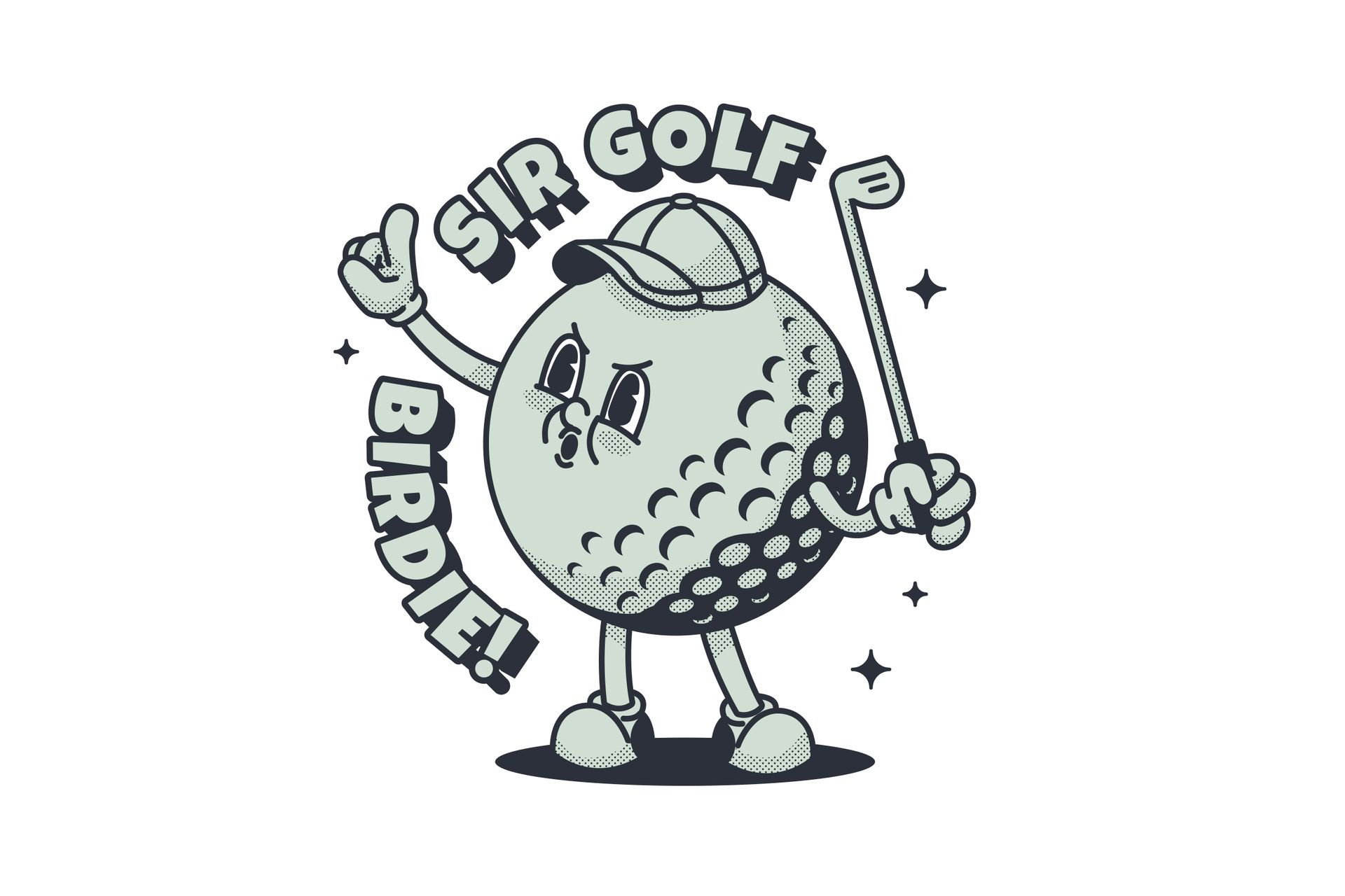 A cartoon illustration of a golf ball with arms and legs holding a golf club.