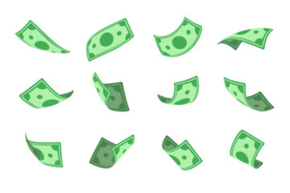 A set of green dollar bills falling from the sky.