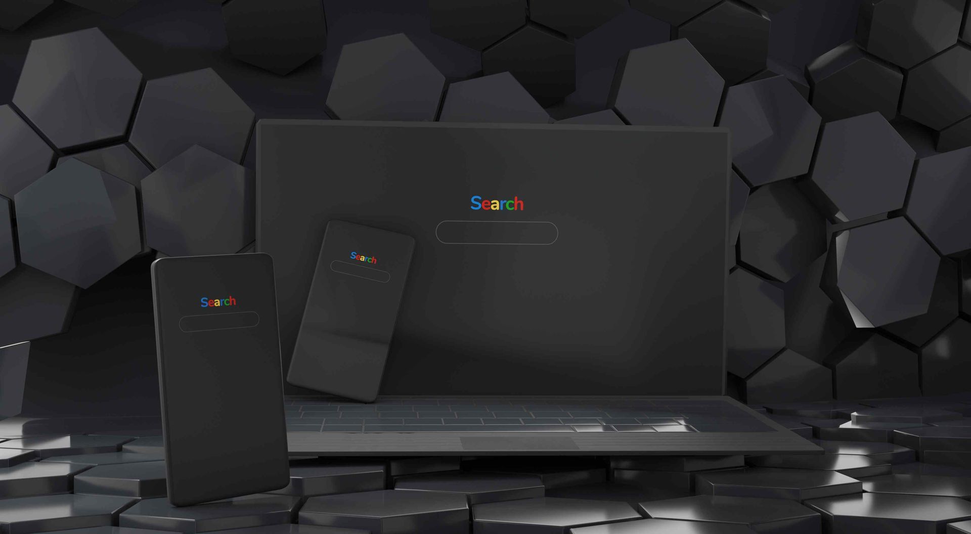 A laptop , phone , and tablet are sitting in front of a black wall.