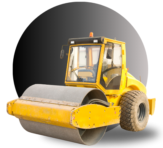 A yellow road roller is sitting in a circle on a white background.