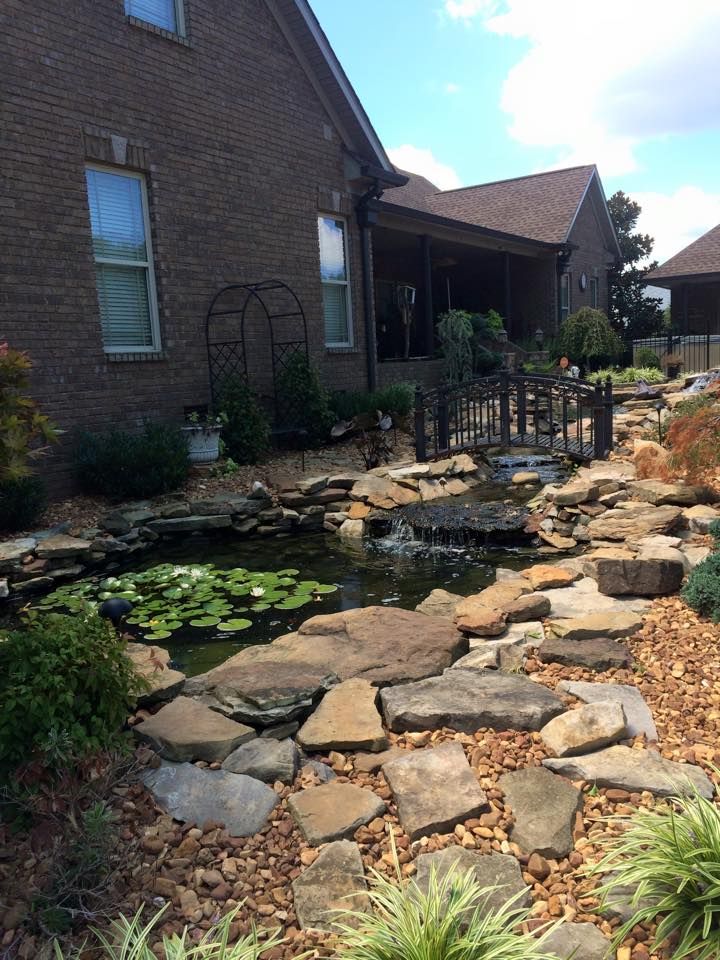 Backyard with a pond and stone pathway, next to a brick house under a blue sky.