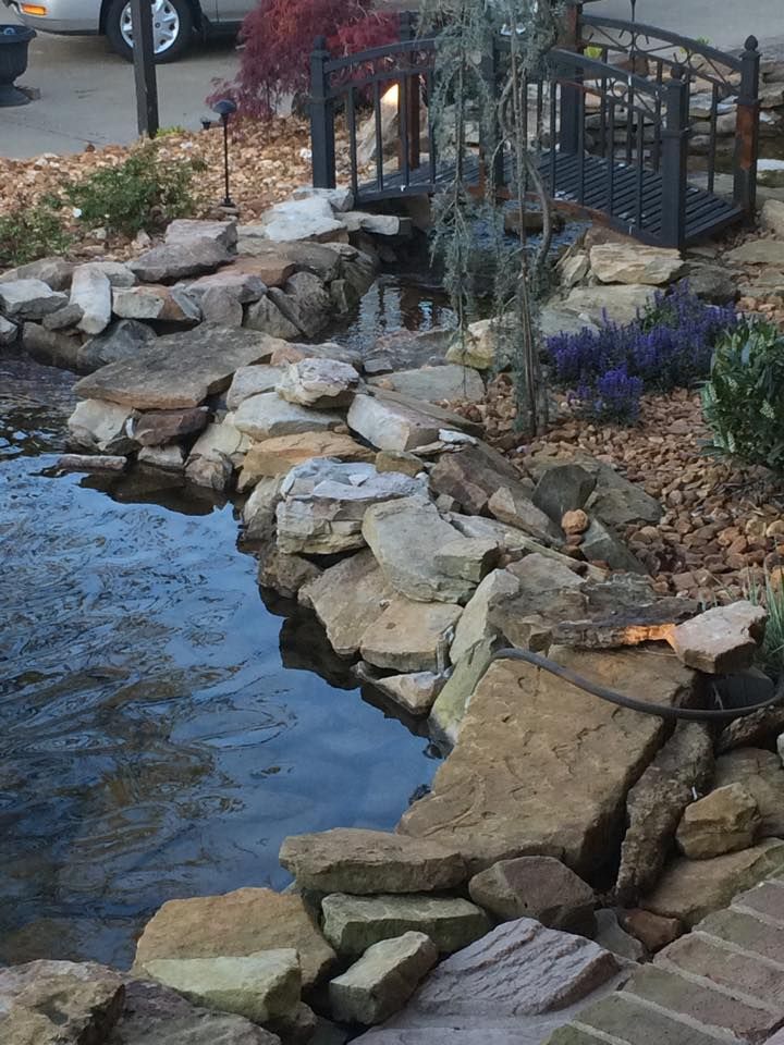 Pond with stone edging, small metal bridge, and foliage. Water ripples.