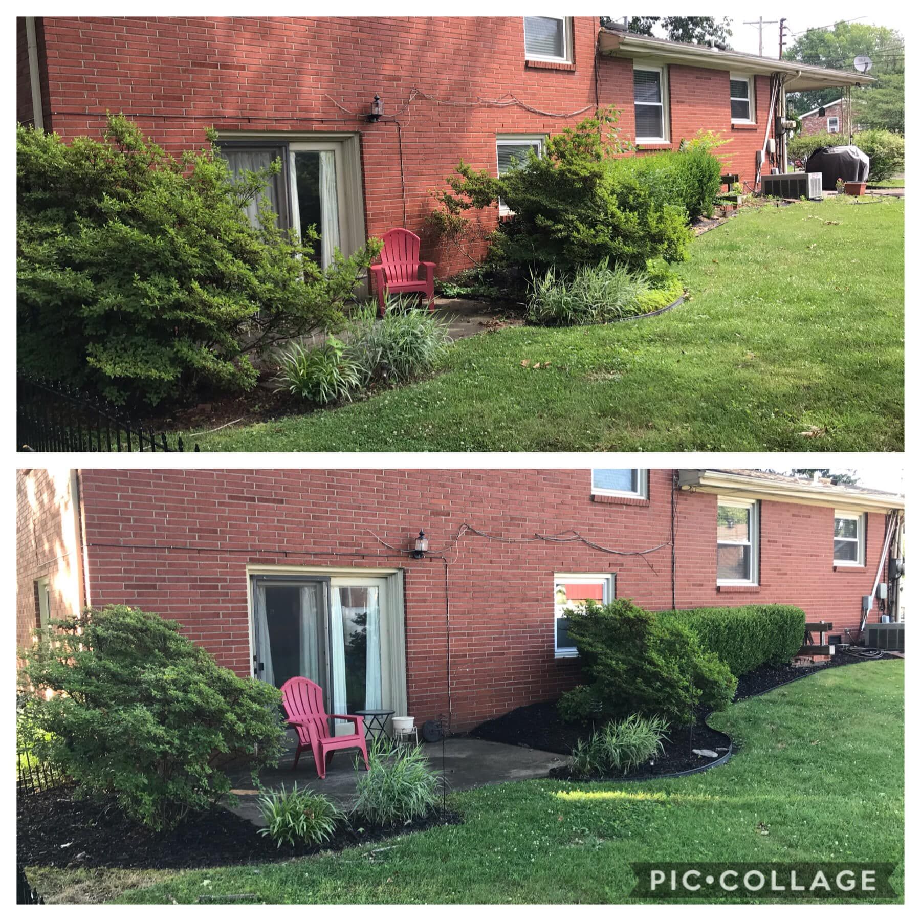 Before and after photos of a brick house's backyard, showing landscaping changes, with bushes, grass, and a red chair.