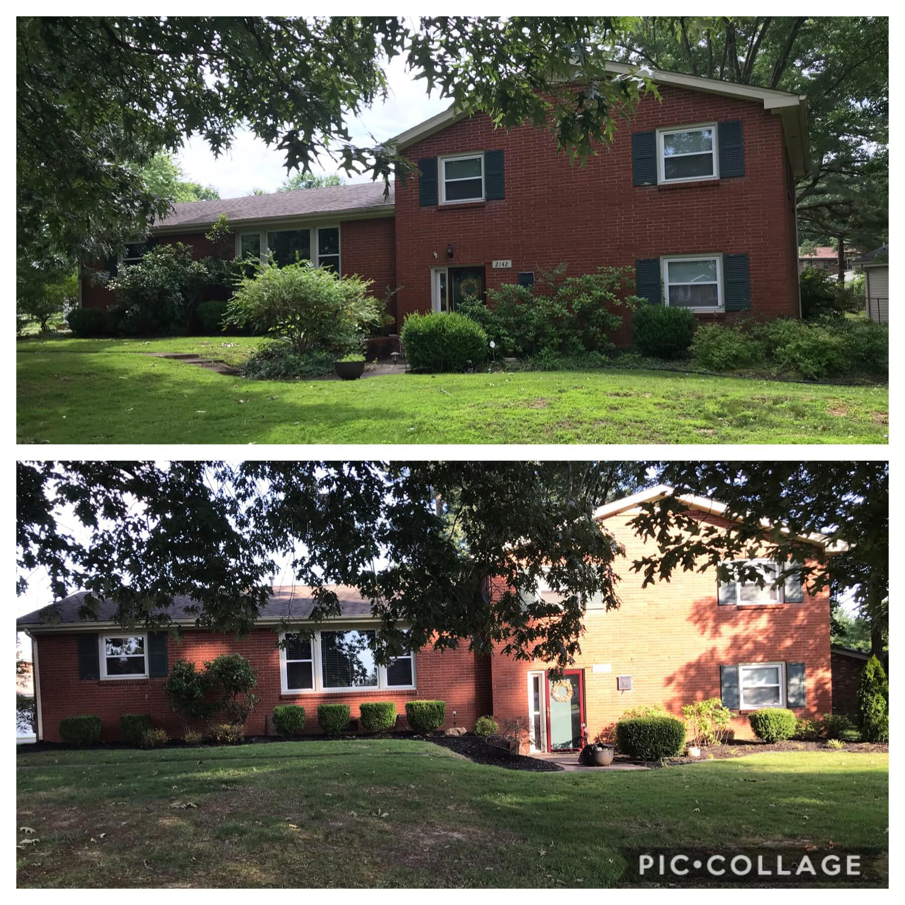Two-story brick house with a green lawn. Top photo shows trees with fuller foliage. Bottom photo has a darker setting.