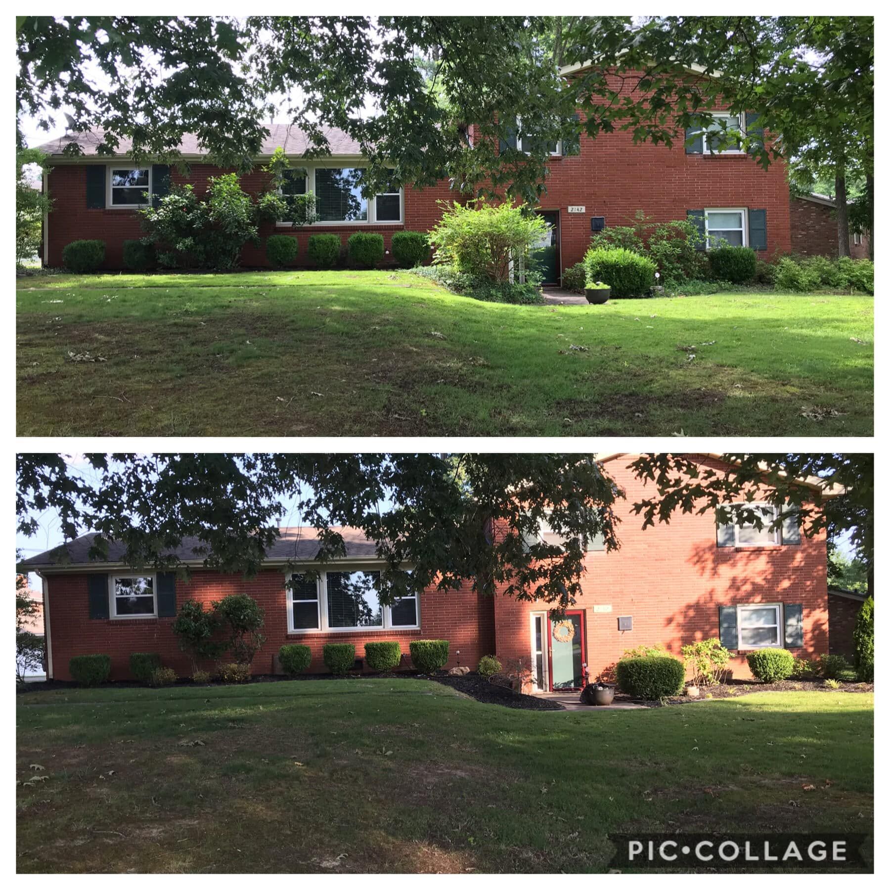 Two brick houses with manicured lawns and trees. Top: yard has some brown spots. Bottom: lawn is all green.