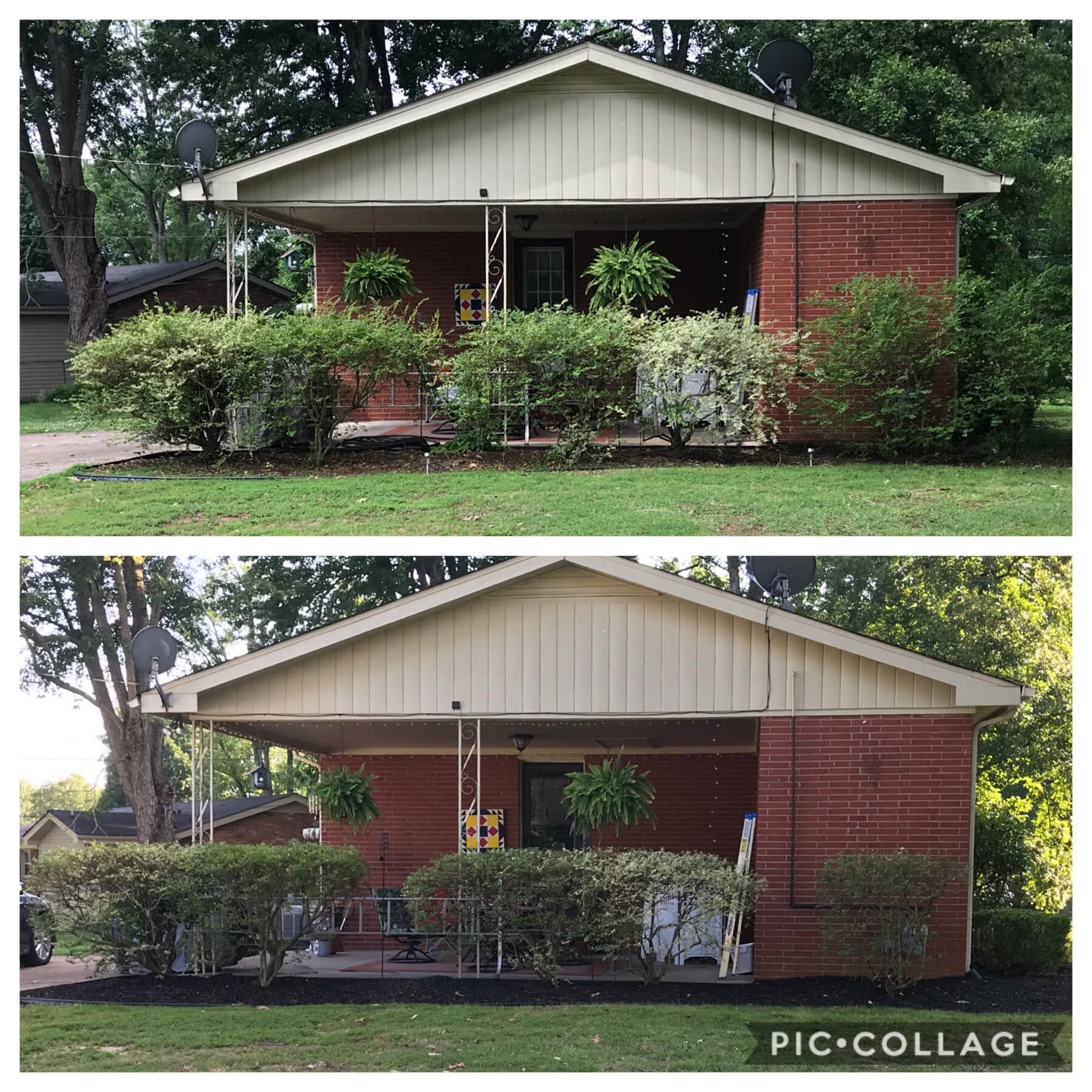 Comparison of a red brick house before and after landscaping with black mulch.
