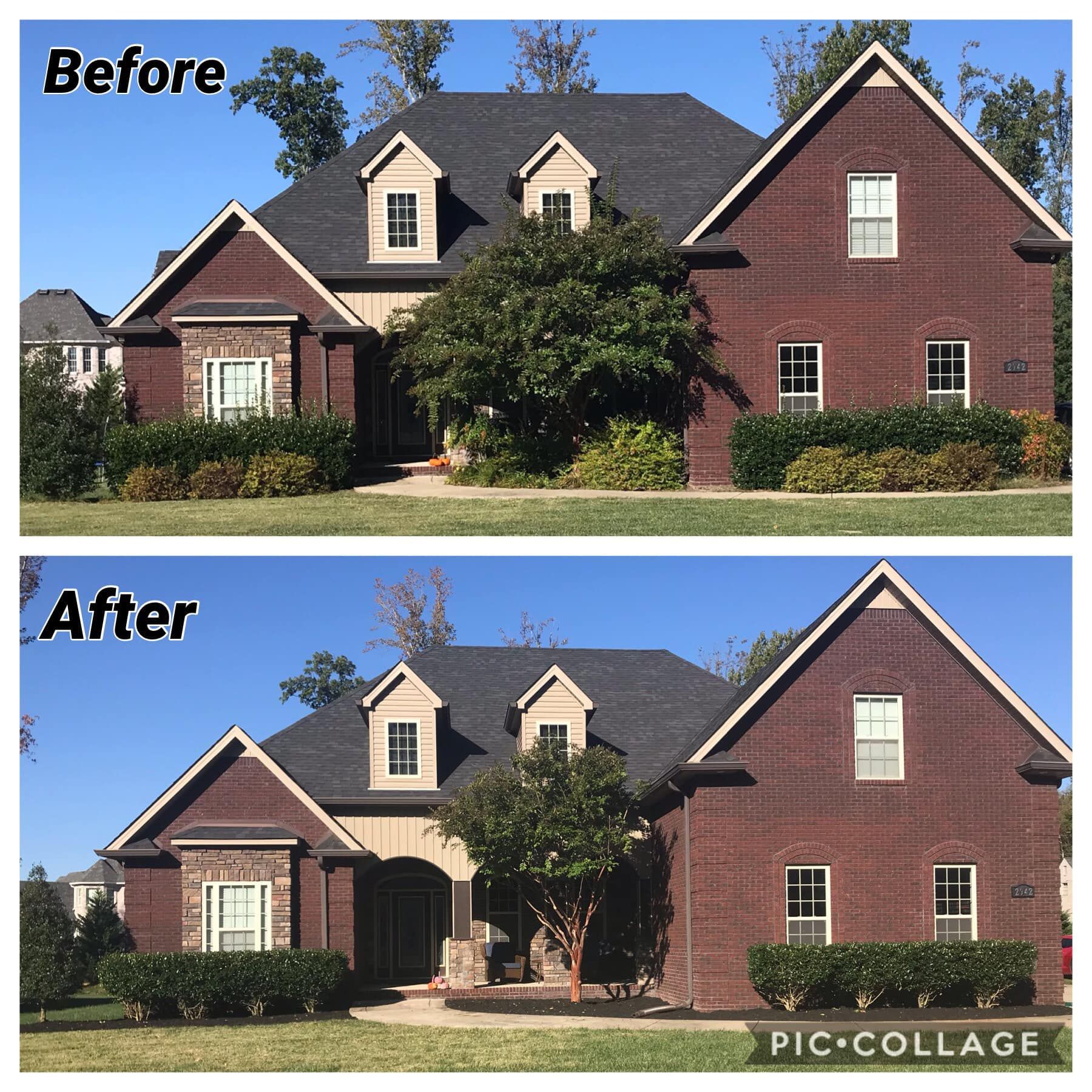 Before and after images of a brick house with a new front entry.