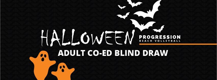 Halloween adult co-ed blind draw. Black background with orange ghosts and white bats.