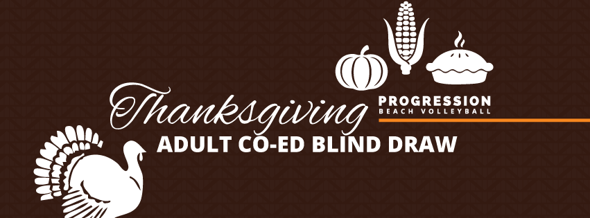 Thanksgiving adult co-ed blind draw with turkey, pumpkin, corn, pie icons on brown background.