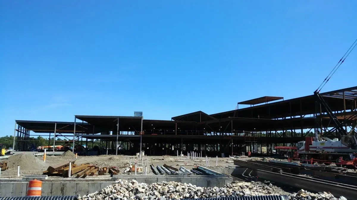 A large building under construction with a blue sky in the background