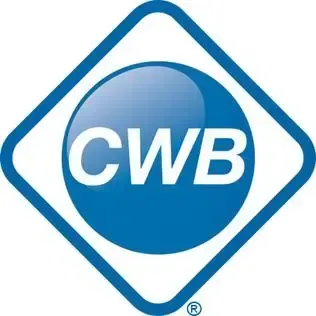 A blue and white logo for cwb in a diamond shape