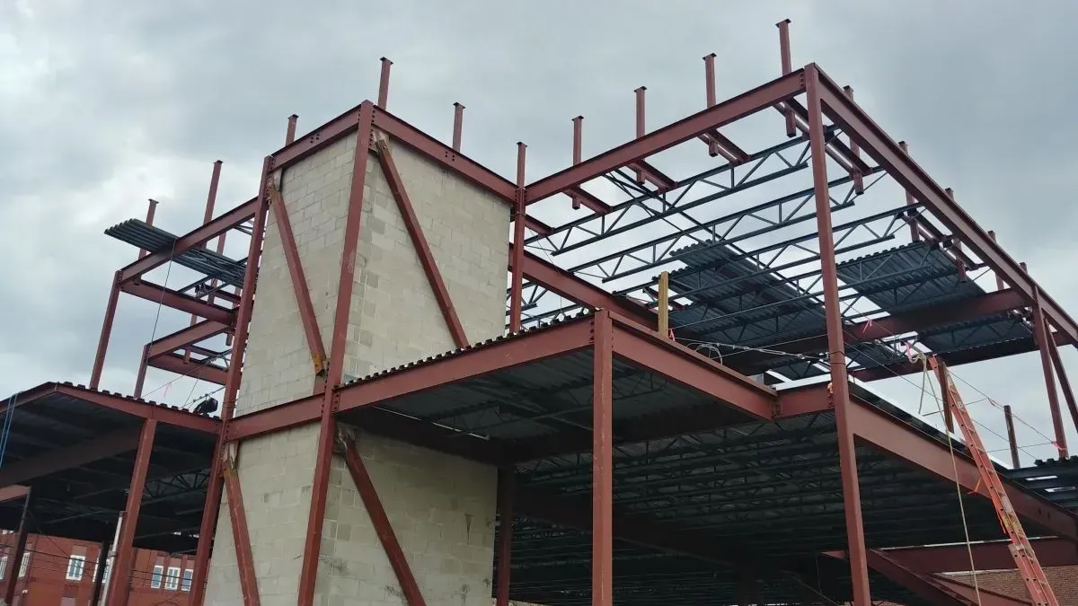 A large building under construction with a lot of steel beams.