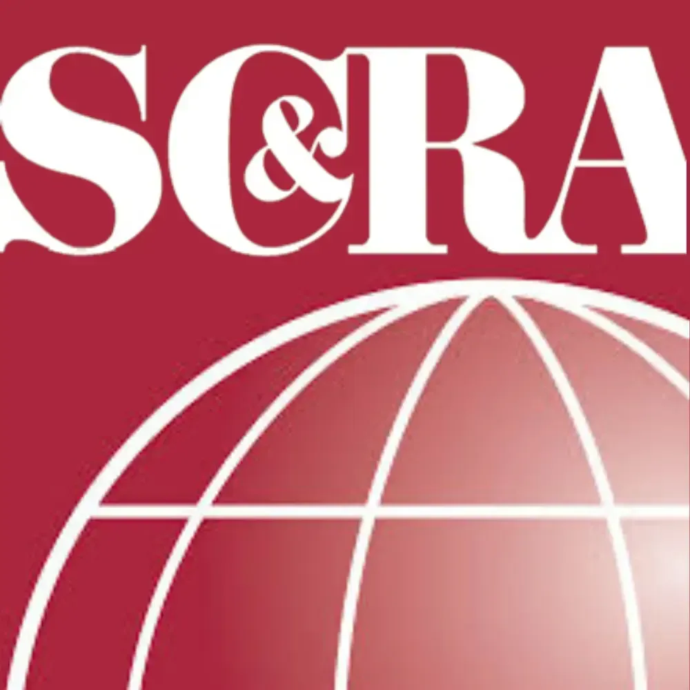 A red and white logo for scra with a globe