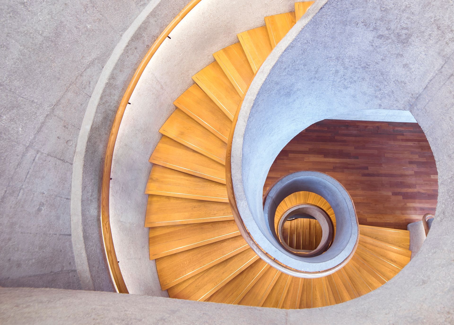 A spiral staircase with wooden steps and a white railing