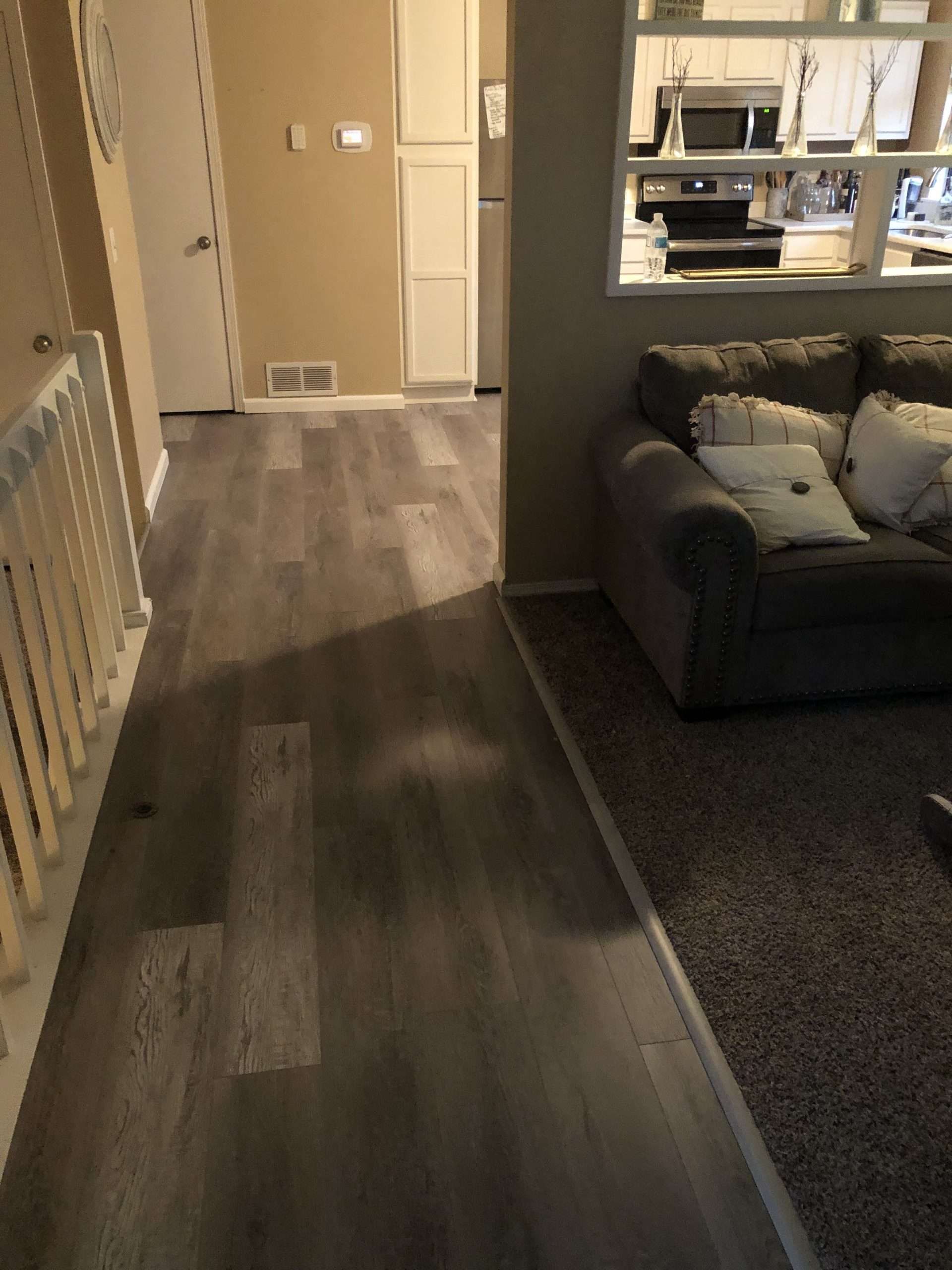 Gray wood-look flooring transitions to dark carpet. A hallway leads to a living area with a couch.