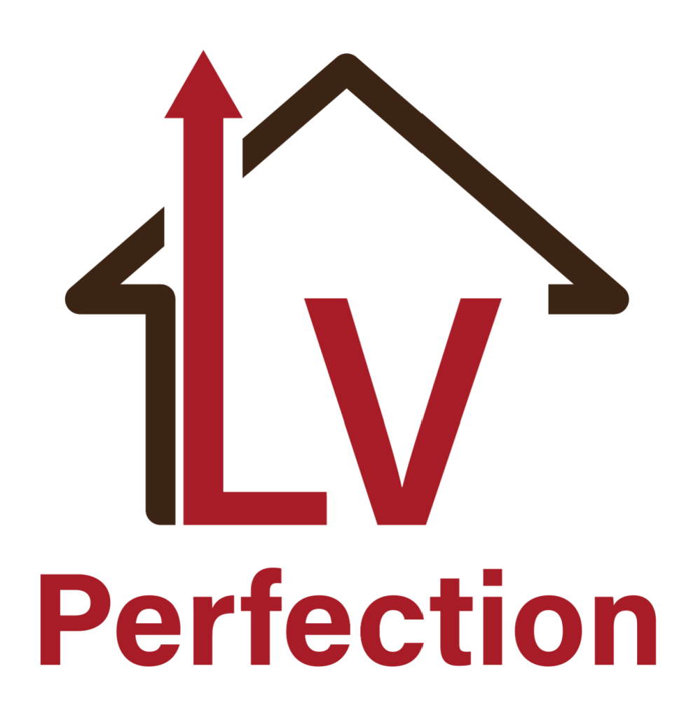 Logo: Brown house outline, red arrow, and "LV" overlayed, with "Perfection" below in red.